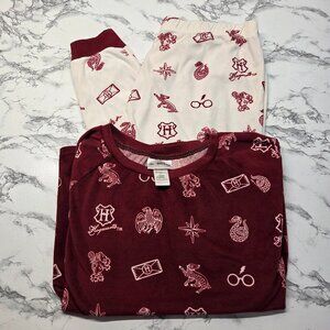 Harry Potter Large White Maroon Hogwarts Logo Longsleeve Fleece Pj Lounge Set